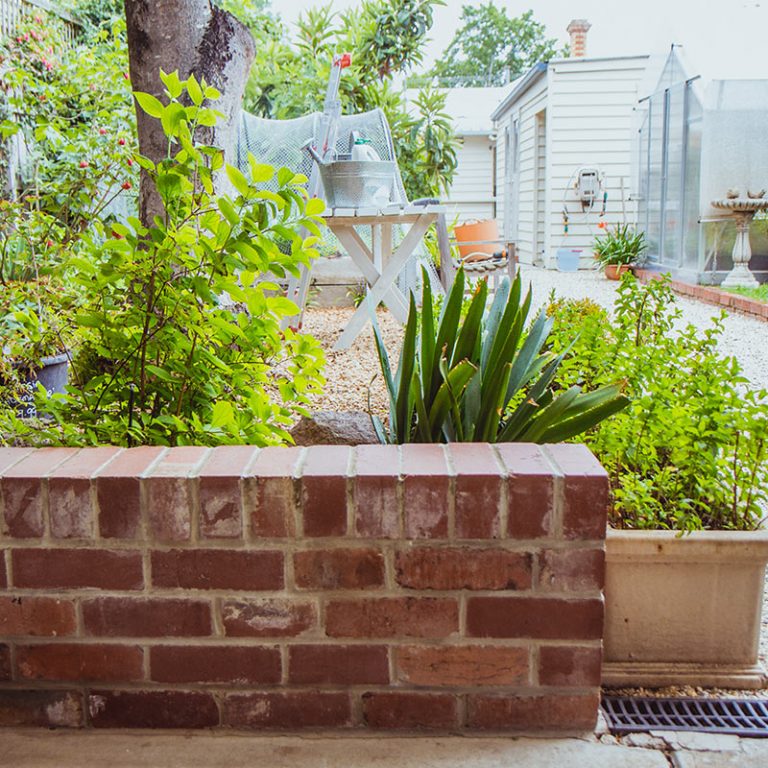 A low outdoor brick wall in a garden